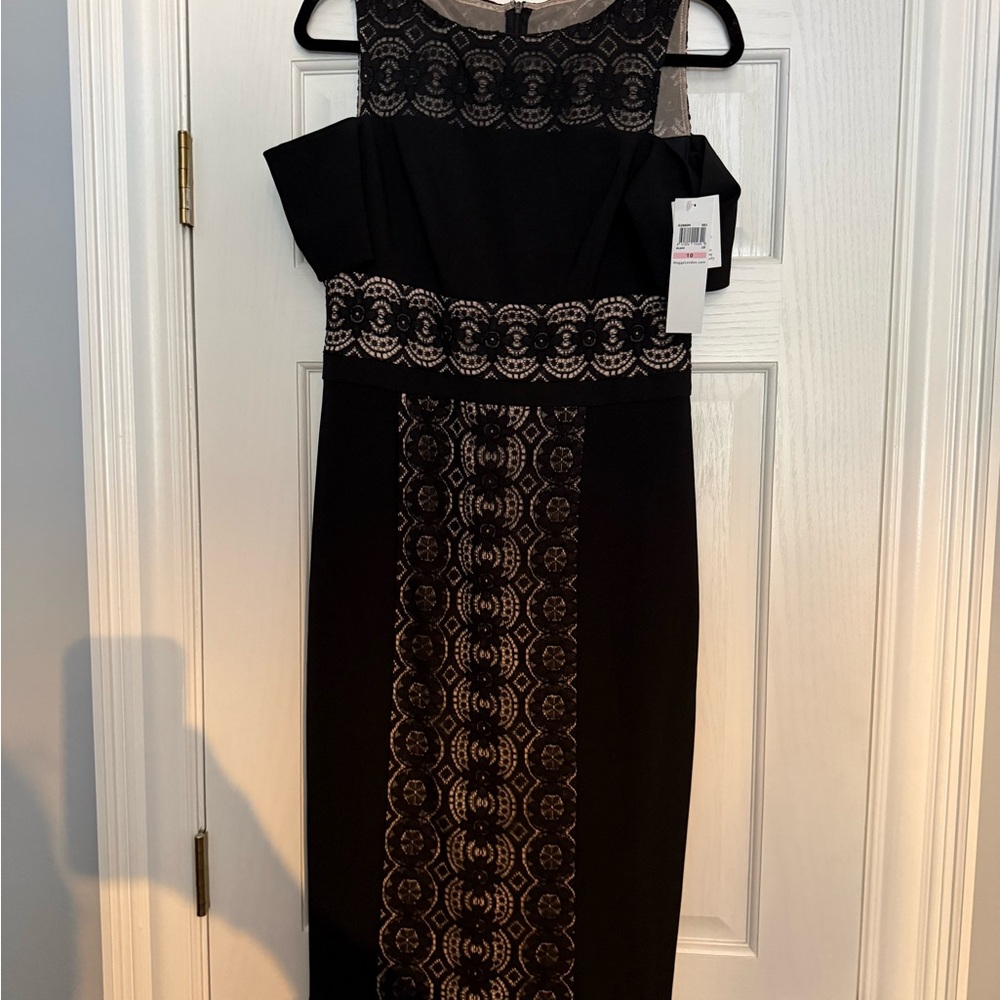 Maggy London Black and Cream One Shoulder Dress